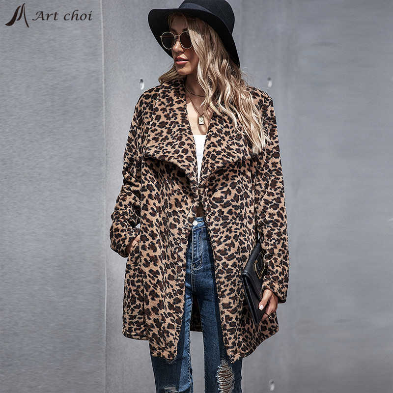 Thick Winter Women Casual Elegant Faux Fur Leopard Jacket Warm Cardigan Female Plush Coats Sweatshirt Outerwear Overcoat 211019