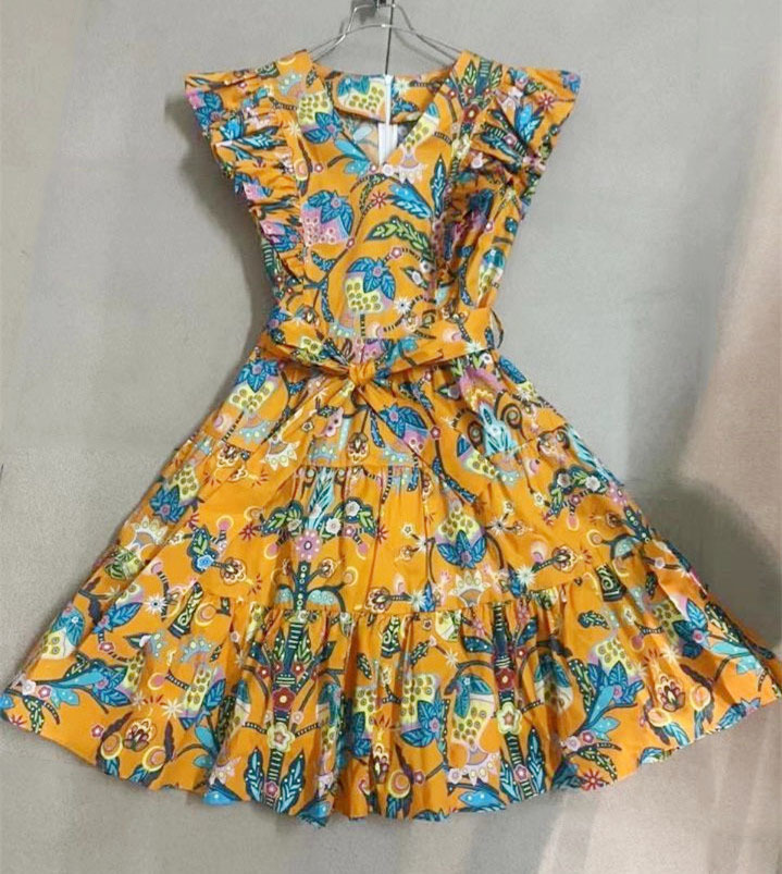 vintage ruffles v-neck summer chic dress women party casual daily clothing fashion mini dresses orange floralprinted 210421
