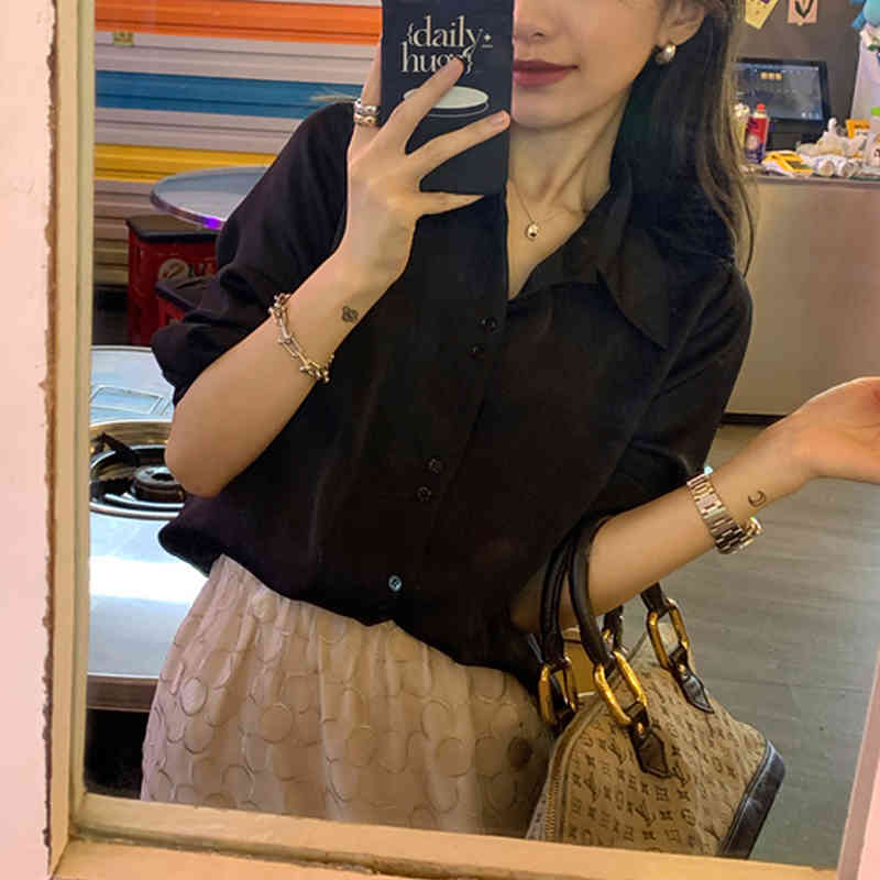 French Fashion Vintage Blouse Silk Satin Shirts Long Sleeve Women Ladies Tops Solid 4 Colors Lapel Women's 11045 210427