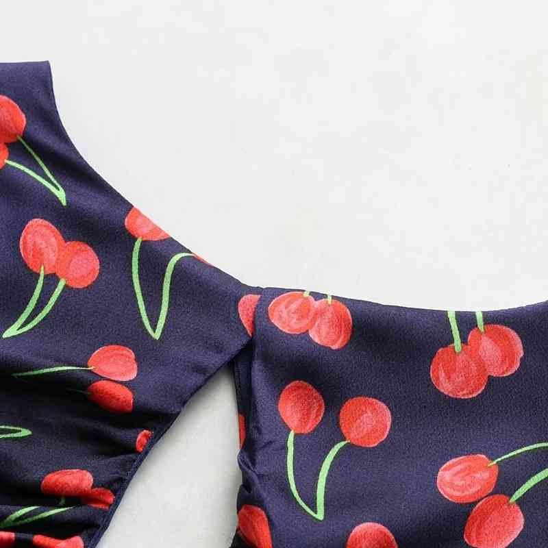 Summer Women Cherry Print Hollow Decoration Short Blouse Female Long Sleeve Shirt Casual Lady Crop Tops Blusas S8755 210430