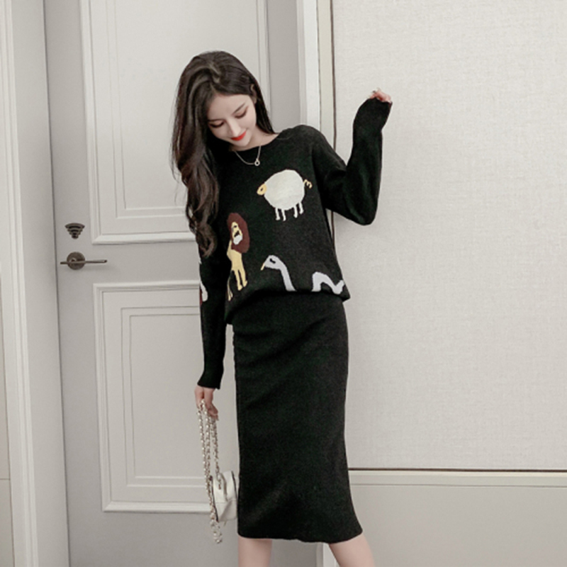 Arrival Autumn Winter Korea Fashion Women Two Piece Set Knit Skirt Cartoon pattern Casual Pullover sweater 2 S455 210512