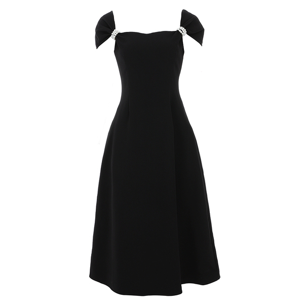 Runway Summer elegant Square collar Black Dress Fashion Women Beading Short sleeve Chic Female Slim Midi party 210519