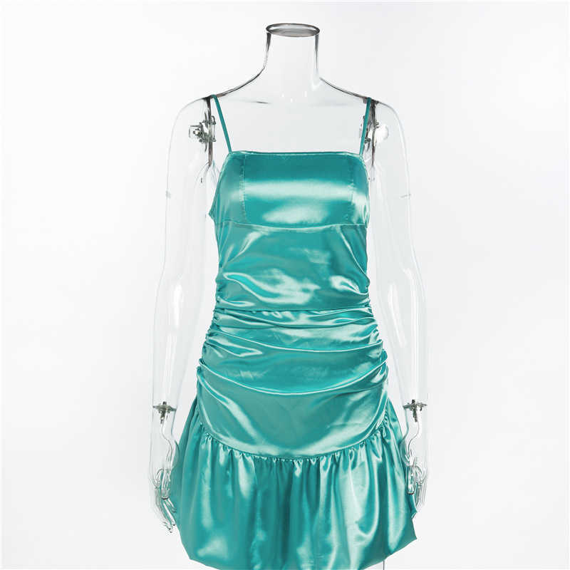 Summer Mint Green Ruched Sling Dress Sexy Sleeveless Off-shoulder Backless Pleated High Waist Satin Party Women's Clothing 210604