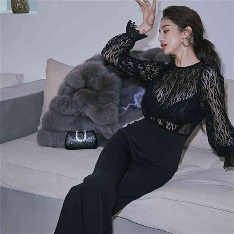 Arrivals Spring Korean Sexy Hollow out Lace Patchwork Jumpsuits Women Casual Slim Wide Legs Romper Formal Work Wear Playsuit 210519