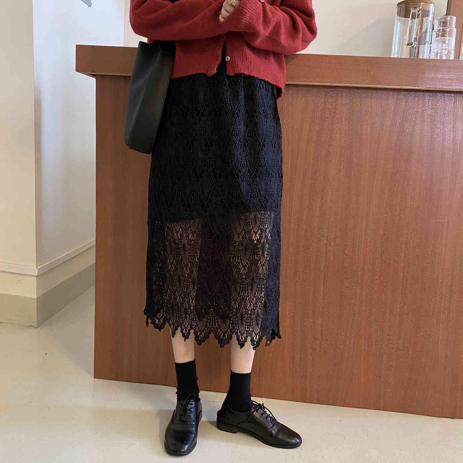 Autumn Winter Elastic High Waist Vintage Bottoming Skirt Female Office Lady Elegant Solid Lace Long Skirts Womens 210421