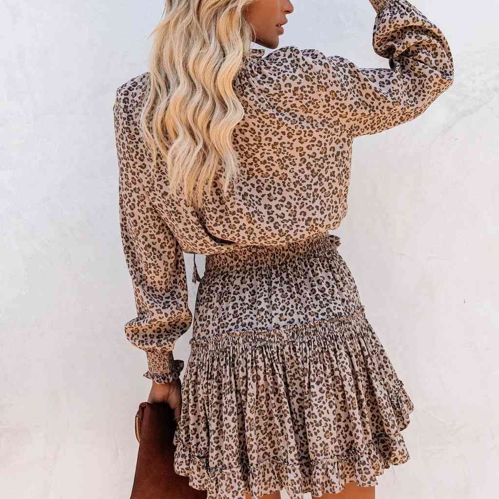 Sexy Leopard Print Ruffle Swim Suit Cover-ups Elegant Pleated Tassel Collect Waist Summer Dress Tunic Women Beach Cover Up A455 210420