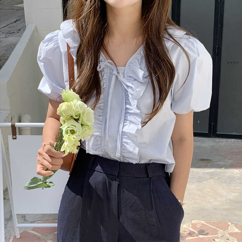 Sweet Ruffle Patchwork Womens Tops Chic Bow Tie V-neck Puff Sleeve Blouses Summer Korean Blusas Shirt 6J597 210603