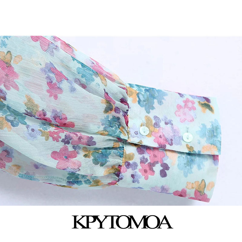 Women Fashion Semi-sheer Floral Print Cropped Blouses Long Sleeve Elastic Hem Female Shirts Chic Tops 210420