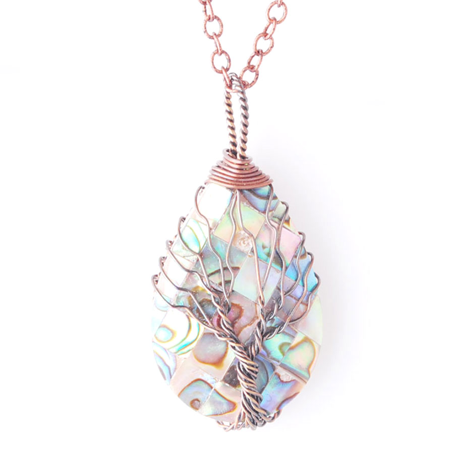 WOJIAER Tree of Life Metal Wire Wrap Water Drop Bead Necklace & Pendant Natural Abalone Shell Jewelry Chain 18 Inches BW920