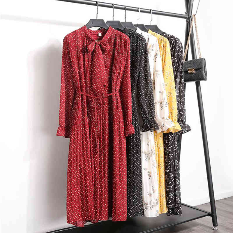 Spring Summer Women Chiffon Dresses Casual Long Sleeve Floral Print Party Dress Female Vintage Loose Pleated Dress Vestidos 210521