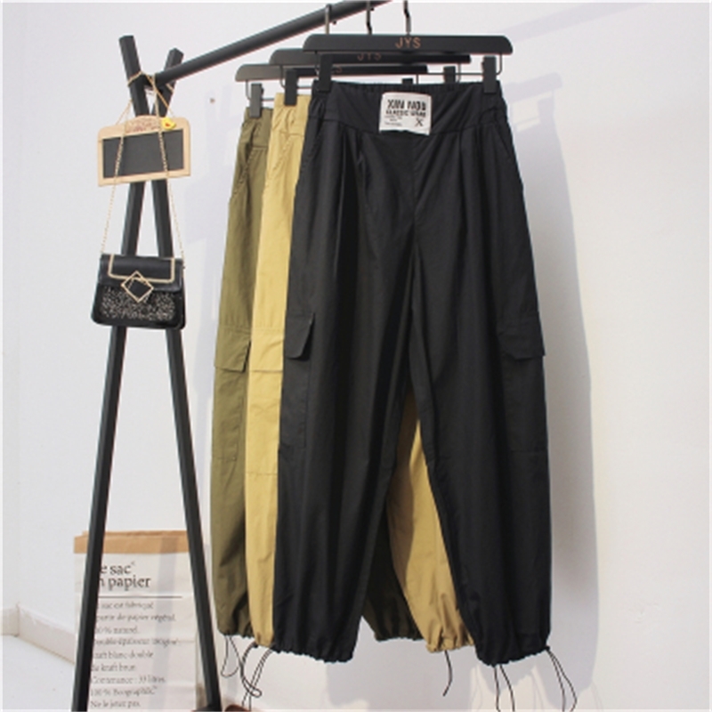 Autumn High-waist Overalls Loose and Thin Radish Pants Letter Patch Ins Lantern Beamed Nine-point Harem 210514