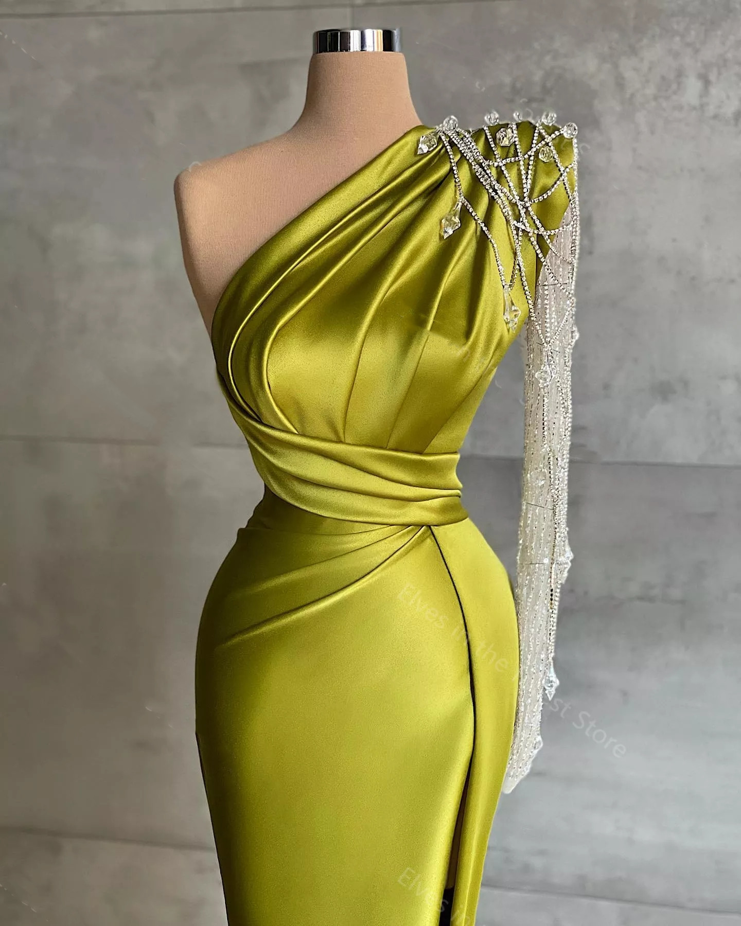 2022 Green One Shoulder Mermaid Evening Dresses Beads Prom Gowns Lace Long Sleeve Formal Party High Split Event Robe De Soiree