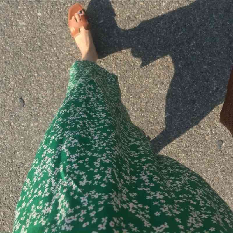 Women Summer Dress Elegant V Neck Flower Long Green Short Sleeve High Waist A-line Midi es French Style 14542 210510