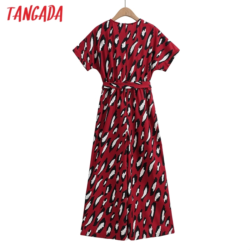 Women Red Leopard Print Chiffon Summer Short Sleeve with Slash Female Casual Jumpsuit 1F96 210416
