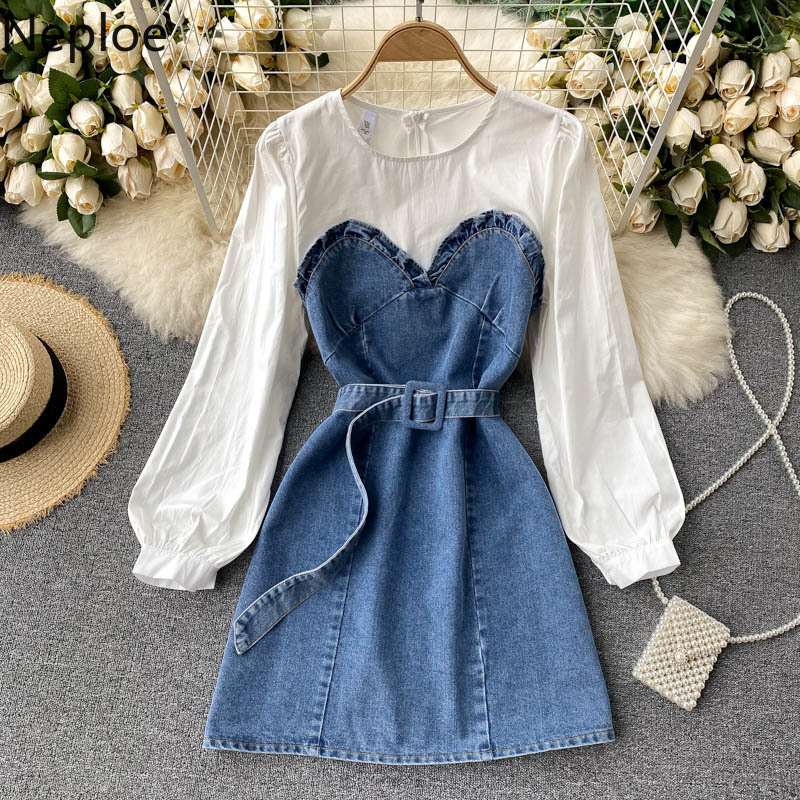 Neploe Korean Fashion Dresses for Women Puff Sleeve Sweet Ruffles Vestodps Patchwork Cowboy Contrast Color Lace Up Short Dress 210422