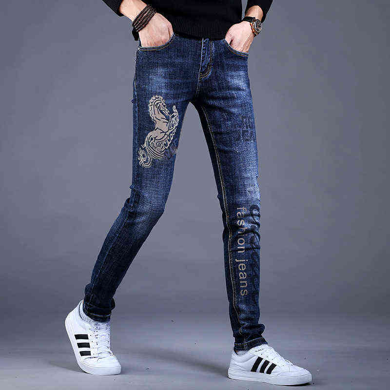 Mens Stylish Printing Denim Pants,Slim-fit Washed Casual Jeans,High Quality Elastic Denim Jeans,Young Boys Fashion Must; 211120