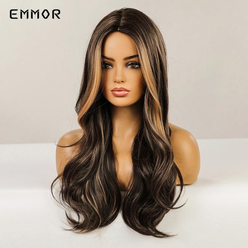 Synthetic Wigs Emmor Natural Long Middle Part Hair Wig Black Brown With Blonde Cosplay Wavy Fashion Heat Resistant For Women