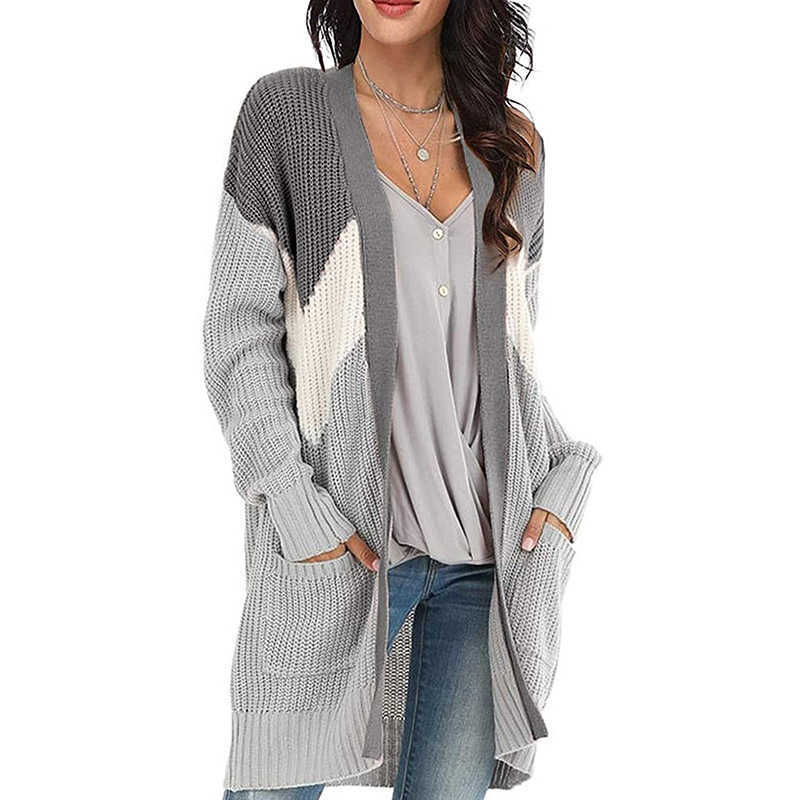 Winter Casual V-Neck Long Cardigan for Women Autumn Patchwork Sleeve Pocket Knitted Sweater Womens Cardigans Kobieta Swetry 210604