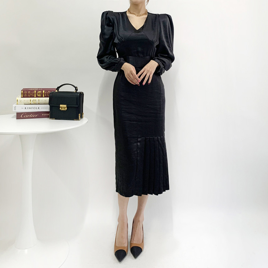 Minimalist Slim Waist Lace Up Wrap Hip Black Puff Sleeve V-neck Pleated Silk Dress Office Lady Temperament Solid Vestido Gentle 210506