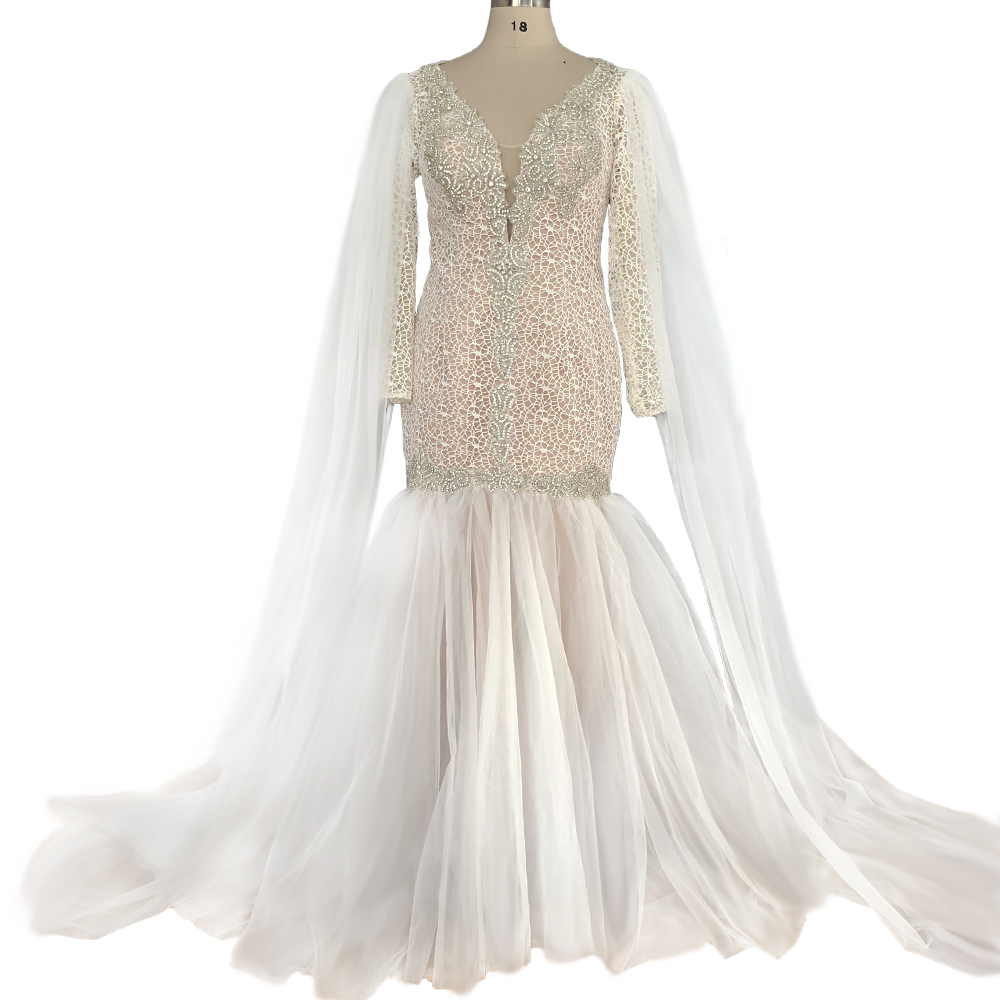 2022 Mermaid Wedding Dresses Deep V Neck Long Sleeve Sweep Train Illusion Bodice Appliques Crystal Beads Bridal Gowns robe de mariee