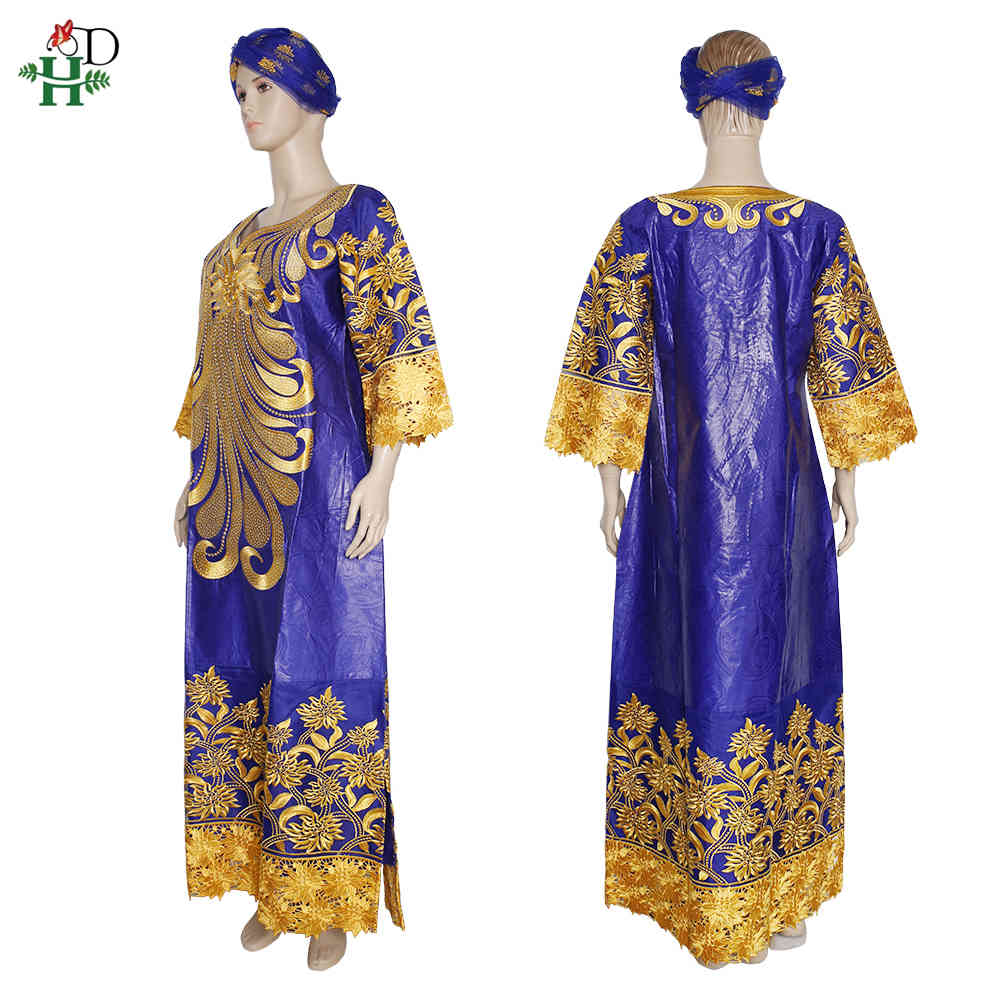 H&D Bazin Riche Dashiki Dress Women Embroidery Flowers Lace Dresses Boubou African Dress Headtie Two Piece Set Wedding Clothes 210408