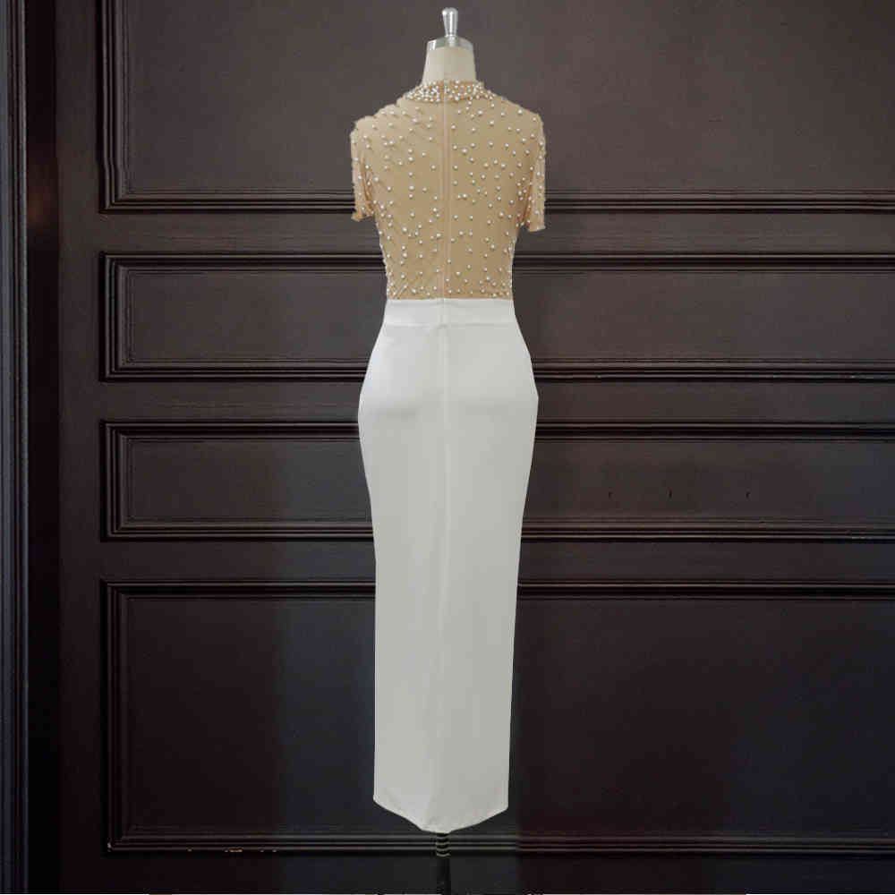 Sexy Dress See Through Tulle with Bead Tops Patchwork Slit Dresses for Women Short Sleeves Female Spring Summer New Arrival 210331