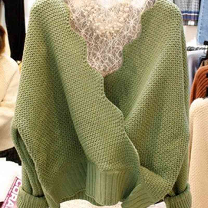 MATAKAWA Korean Spring Lace Bottoming Shirt + Knit Sweater V-Neck Pullover Top Women Two Piece Outfits for Women 210513