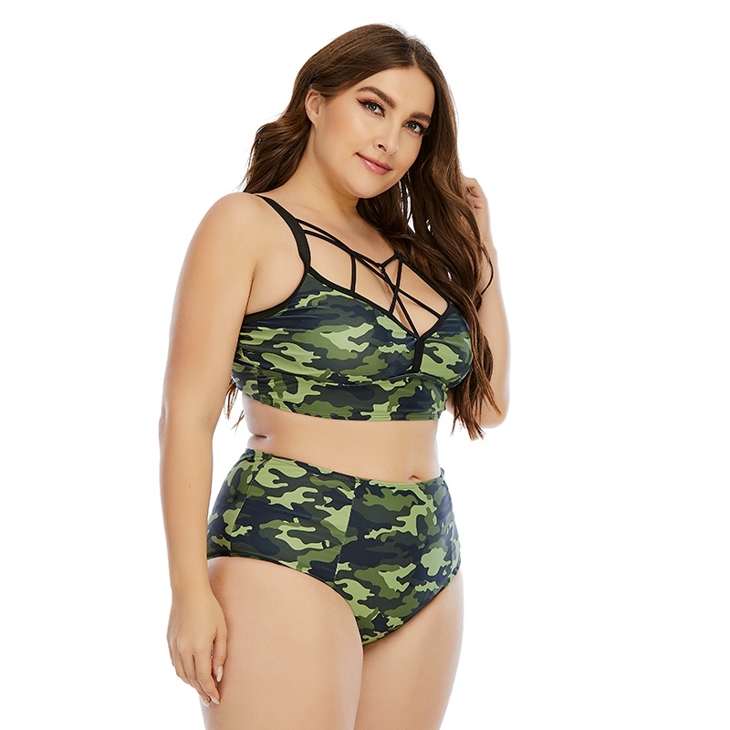 Plus Size High Waist Bikini Set Army Green Women Swimsuit Bandage Swimwear Female Camouflage Bathing Suit Camo Beach Wear 210520