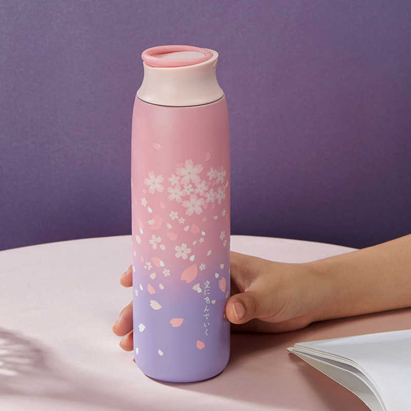 Japanese Style Thermos Bottle Insulated Tumbler Stainless Steel Travel Mug 470ml Big Water Bottle Cherry Vacuum Flask Coffee Mug 210913