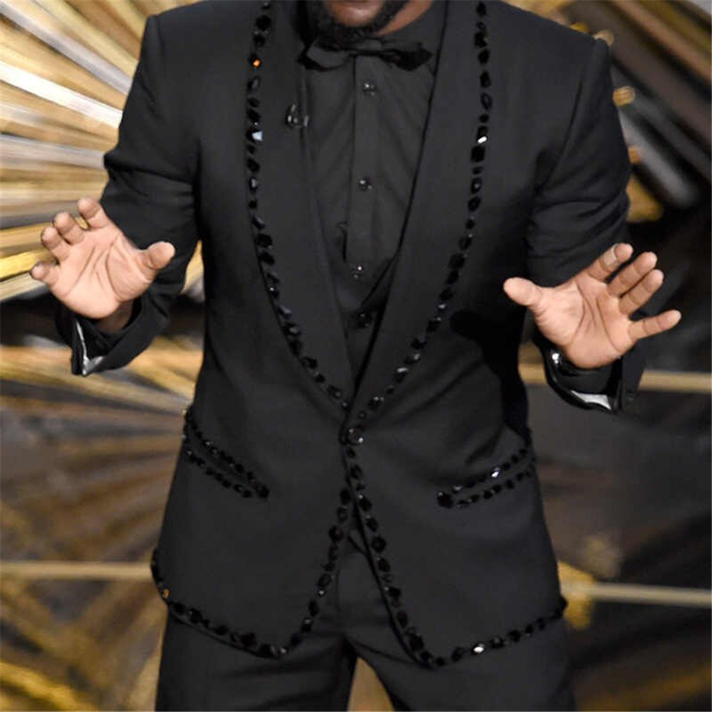 Designer Crystal Beading Men Customized Wedding Tuxedos Red Carpet Groom Wear Dinner Prom Party Blazer (Jacket+Pants)