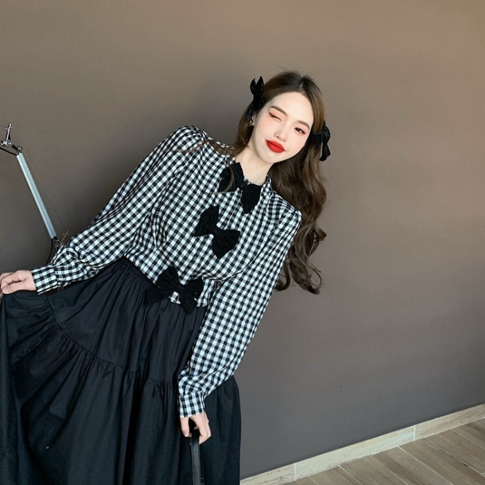 Vintage Puff Sleeve Blouse Women Elegant Bow Patchwork Plaid Shirt Korean Chic Office Lady Blusas Mujer De Moda 210519