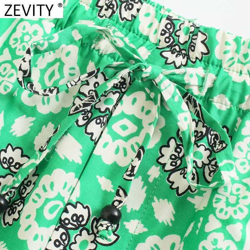 Zevity Women Vintage Position Flower Print Casual Bermuda Shorts Female Chic Elastic Waist Bow Pantalone Cortos P1140 210625