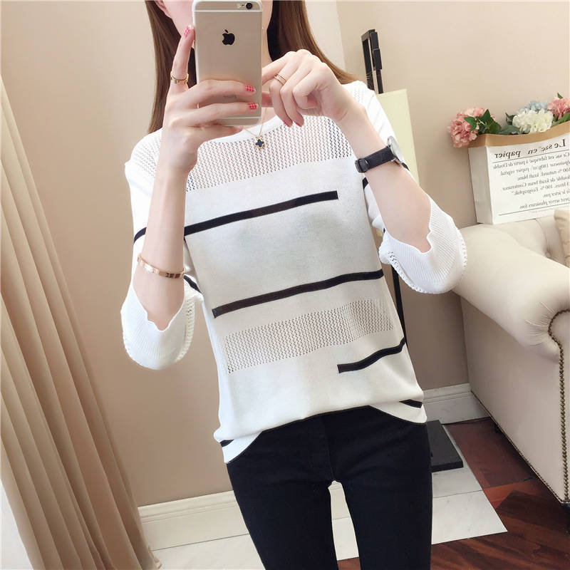Girls Hollow Striped Sweater Women Cool Round Neck Loose Base Pullovers Jumper Long Sleeves Female Spring Summer 210427