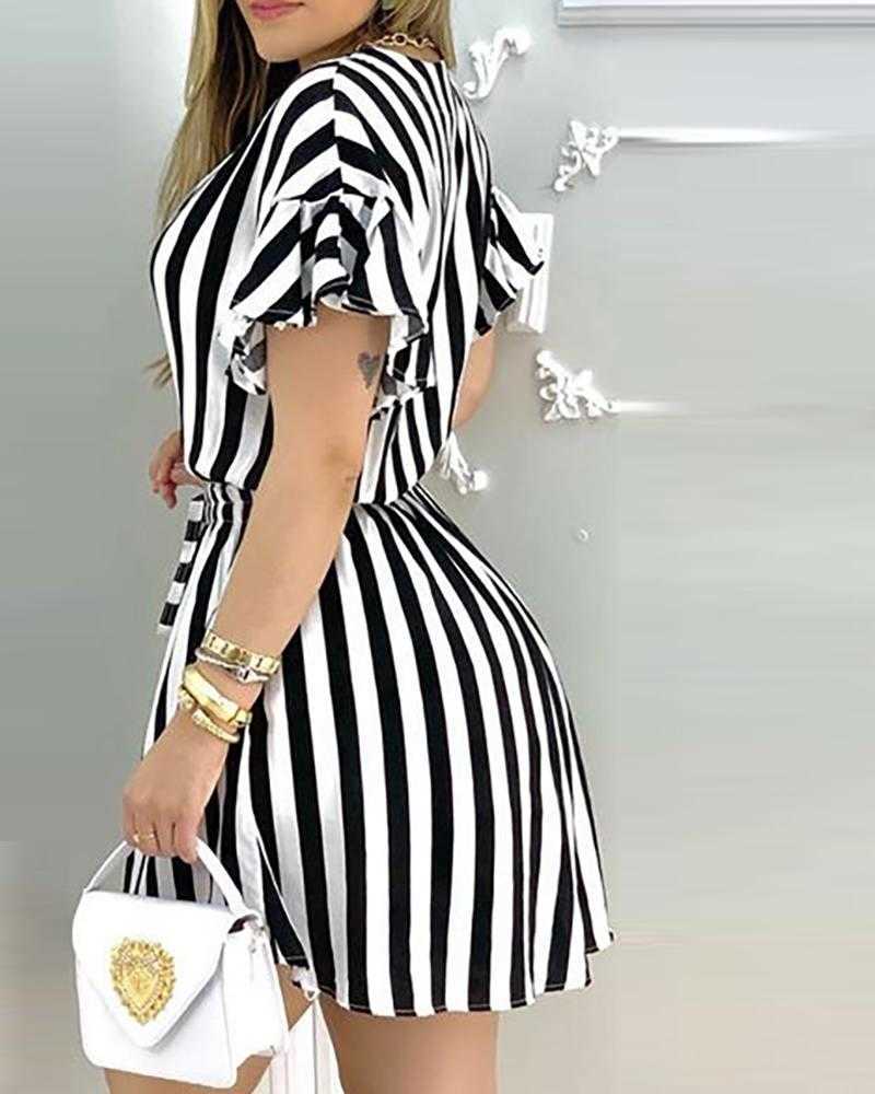 Striped Colorblock Ruffles Shirt Dress Women Short Sleeve V Neck Mini Work Dress 210630