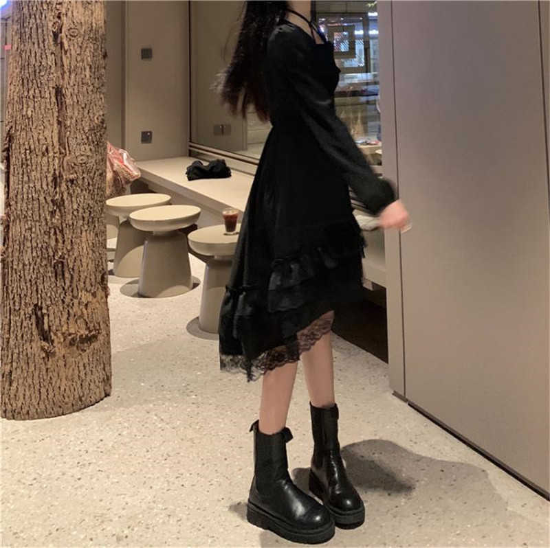 Gothic Women Black Fairy Party Dress Cross Square Collar Lolita Princess Irregular Cute Kawaii Lace Ruffles Chic 210623