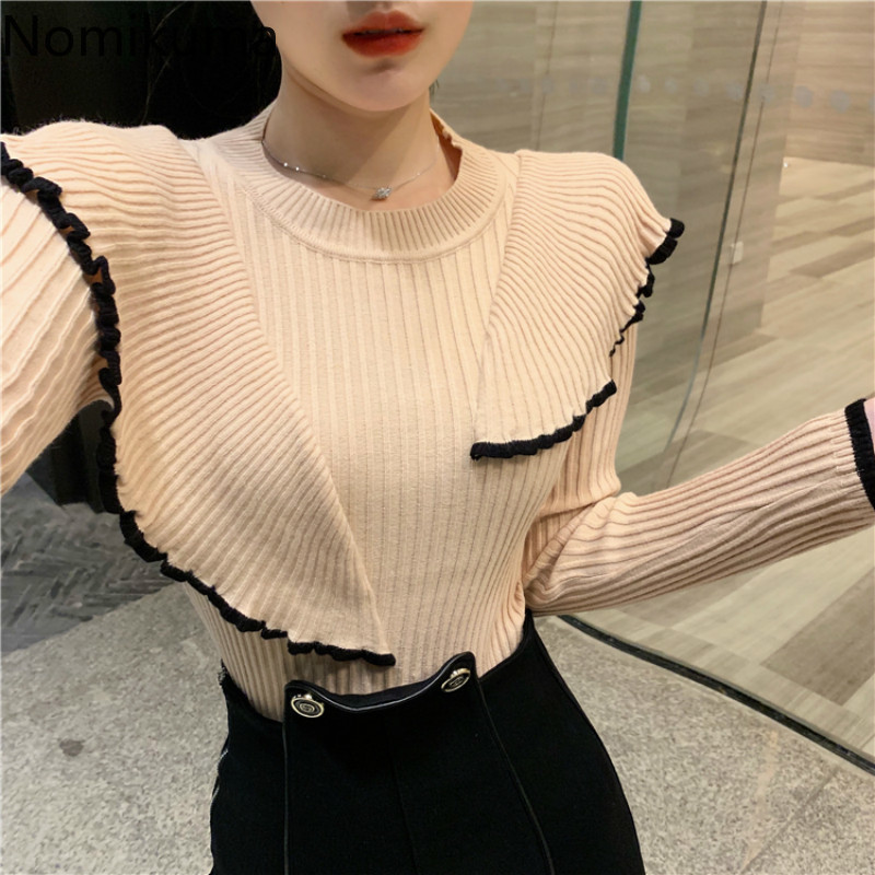 Nomikuma Korean Chic O-neck Pullover Knitwear Sweet Hit Color Ruffle Patchwork Knitted Tops Autumn New Pull Jumpers 6C394 210427