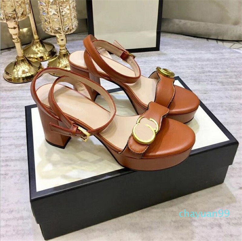 Womens Sandal Designer High heeled Platform Thick Leather Fashion Women Shoes Wedding Banquet Metal Buckle Sexy Sandals 2021, Box