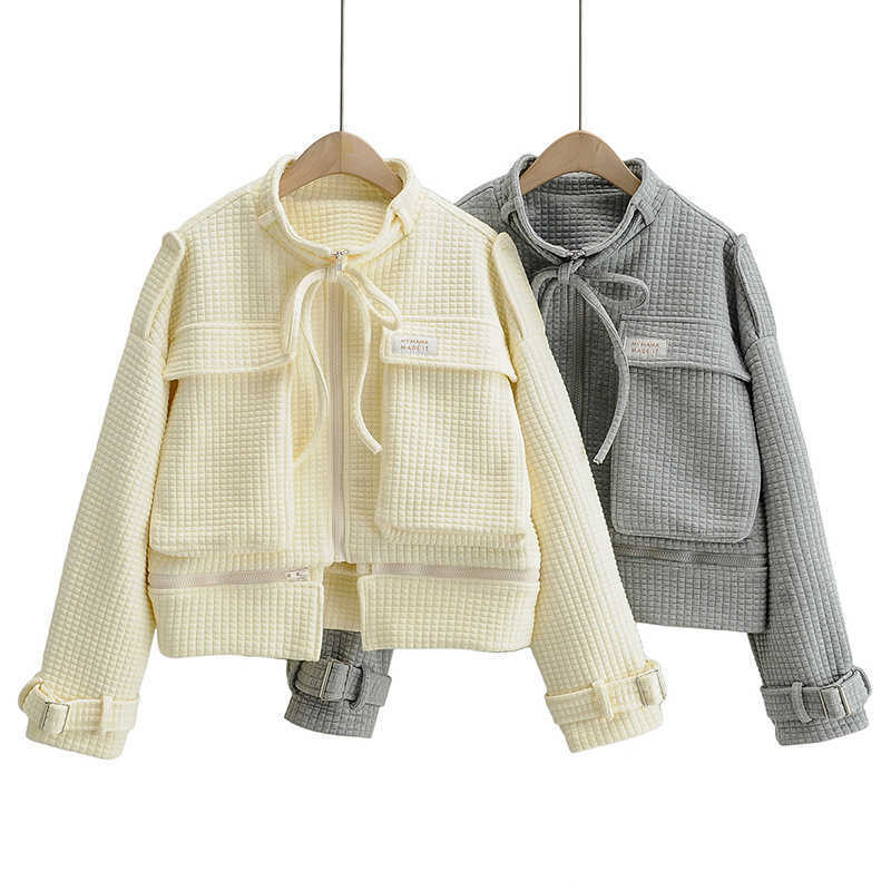 DEAT Autumn Winter Women Fashion Stand Collar Long Sleeve Large Pocket Decoration Plaid Pattern Casual Coat RD747 210709