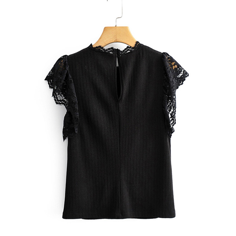Stylish Lace Patchwork Elastic Blouses Women Fashion O-Neck tops Elegant Ladies Short Batwing Sleeve Tees 210520