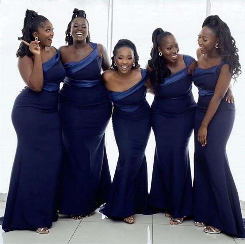 Elegant Simple African Navy Blue One Shoulder Mermaid Bridesmaid Dresses Sleeveless Floor Length Satin with Zipper Back Plus Size Long Maid of Honor P