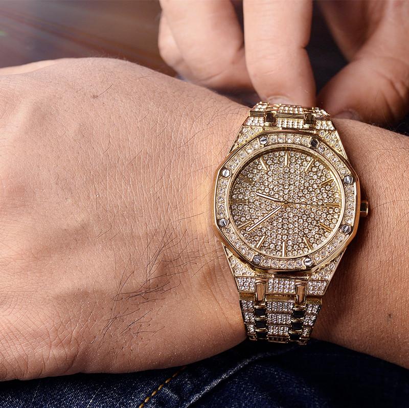 Wristwatches Big Dial Rhinestone Men Steel Watches Sport Casual Diamond Women, Gold