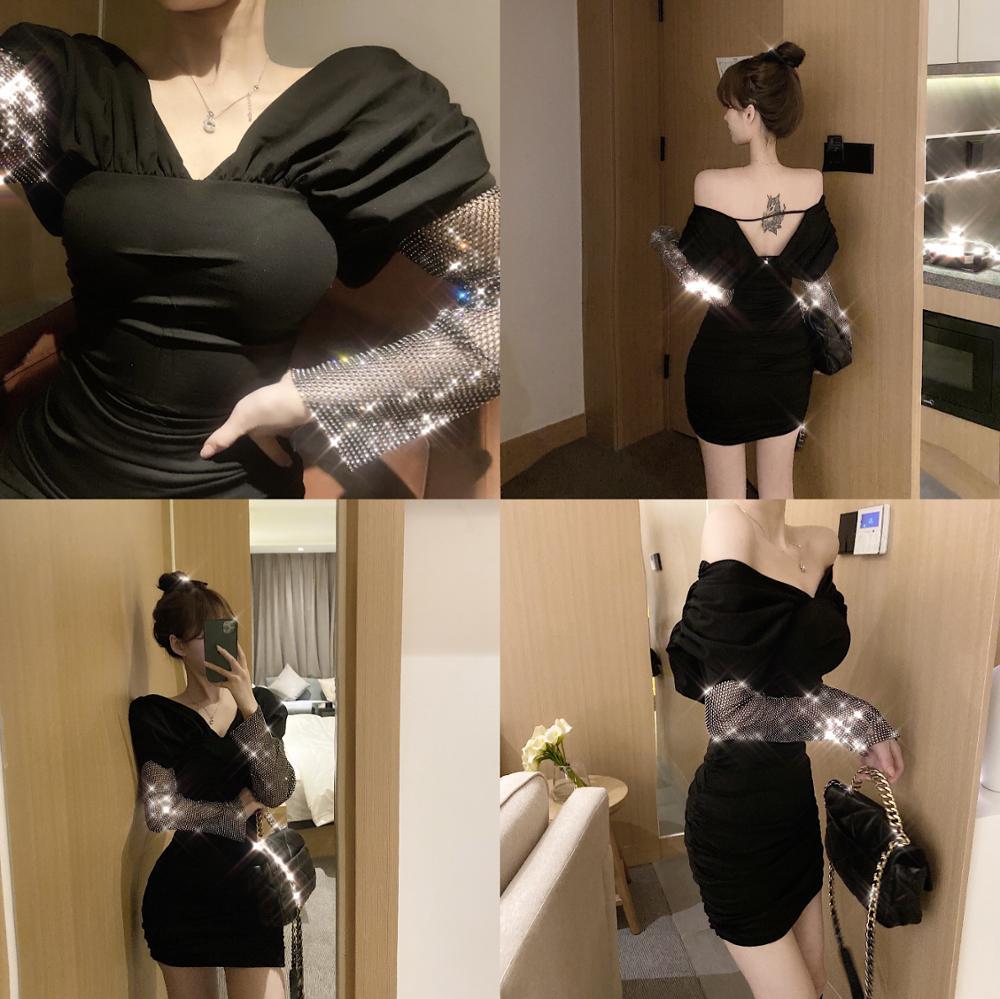 Sexy Black off shoulder sheath Dresss Women Long Sleeve Diamond Patchwork bodycon dress Fashion elegant club female Mini 210519