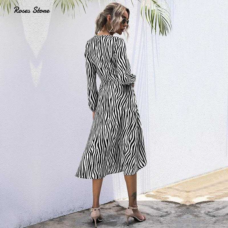 Arrival Fashion Women Dresses Long Sleeve Wrap Fall Clothes Office Elegant Midi Frocks for Ladies Spring Zebra Stripes 210630