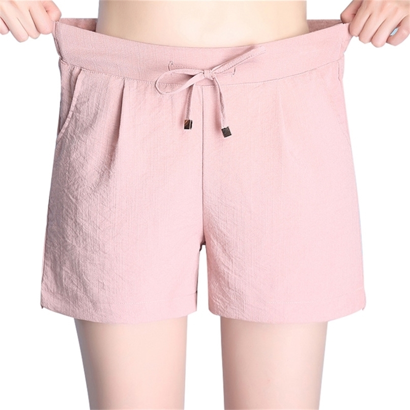 Summer shorts ladies cotton and linen elastic waist loose casual S-4XL 210714