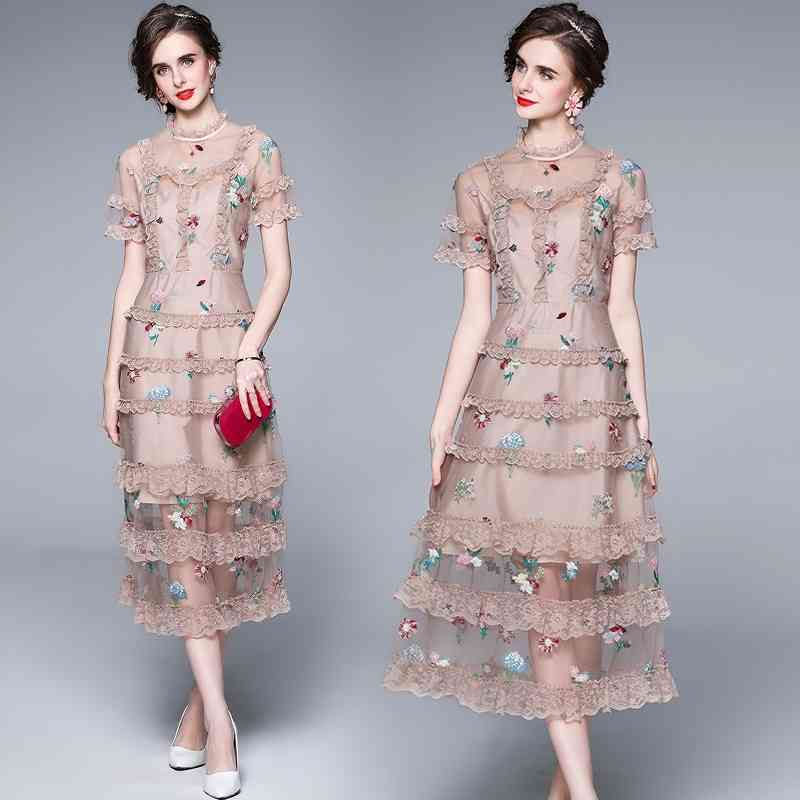 Summer Women Lace Patchwork Mesh Embroidery Ruffles Cake Dresses Retro Stand Collar Short Sleeve Boho Sweet Long Dress 210519