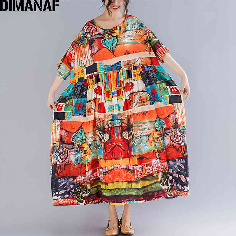 DIMANAF Plus Size Women Print Dress Summer Sundress Cotton Female Lady Vestidos Loose Casual Holiday Maxi Dress Big Size 5XL 6XL 210409