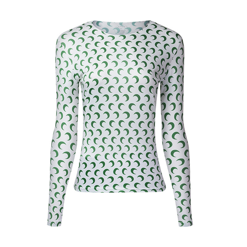 Summer Fashion T Shirt Moon Print Tight Sexy Short Paragraph Bottoming Long Sleeve Women's Clothing Tshirt Elegant Tops 210406