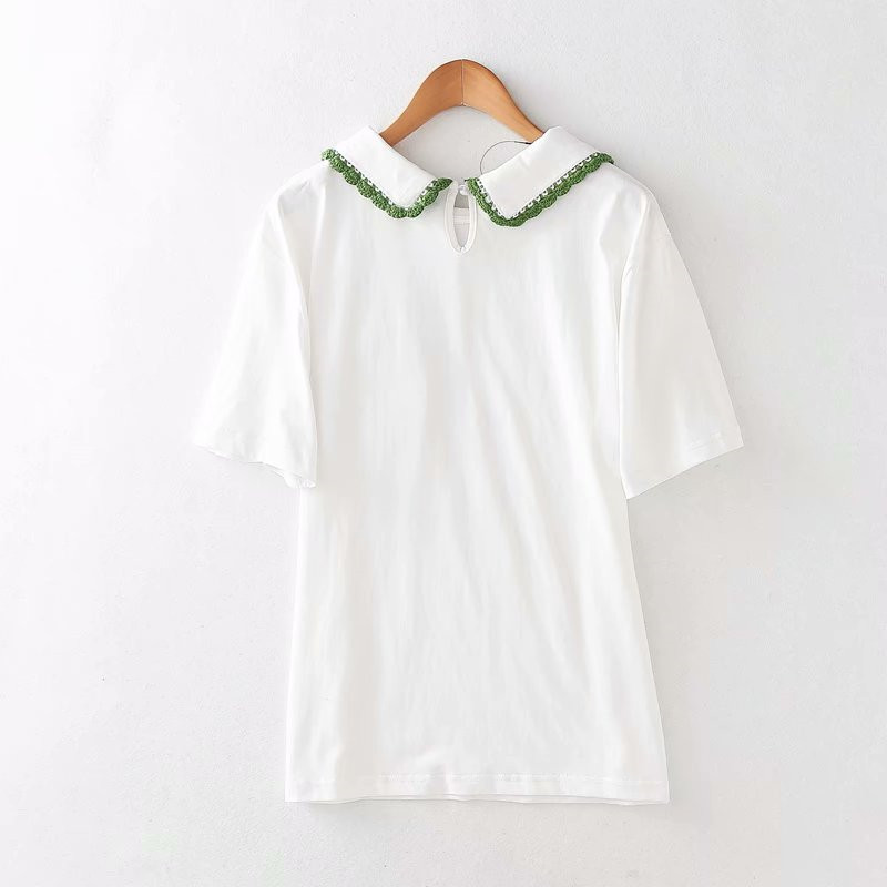 Women Fashion Panda Embroidery White Summer Cotton Long T-shirts Chic Lady Stylish Short Sleeve High Quality Manual Crochet Tops 210421