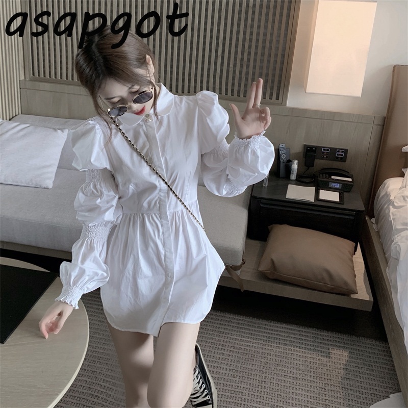 White Puff Long Sleeve Turn Down Collar Shirt Dress Short Sleeveless Irregular Flower Embroidery Mesh Top Strapless Patchwork 210429