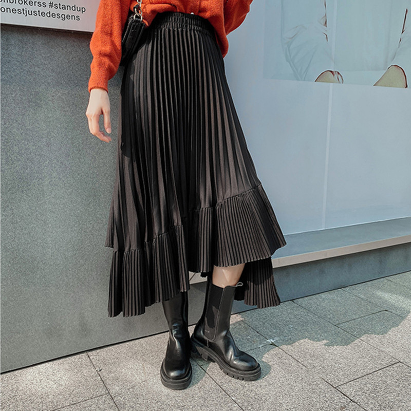 OL Elegant Women High Waist Vintage Irregular Pleated Skirt Autumn Winter Formal Plus Size Solid Long Skirts Womens 210421